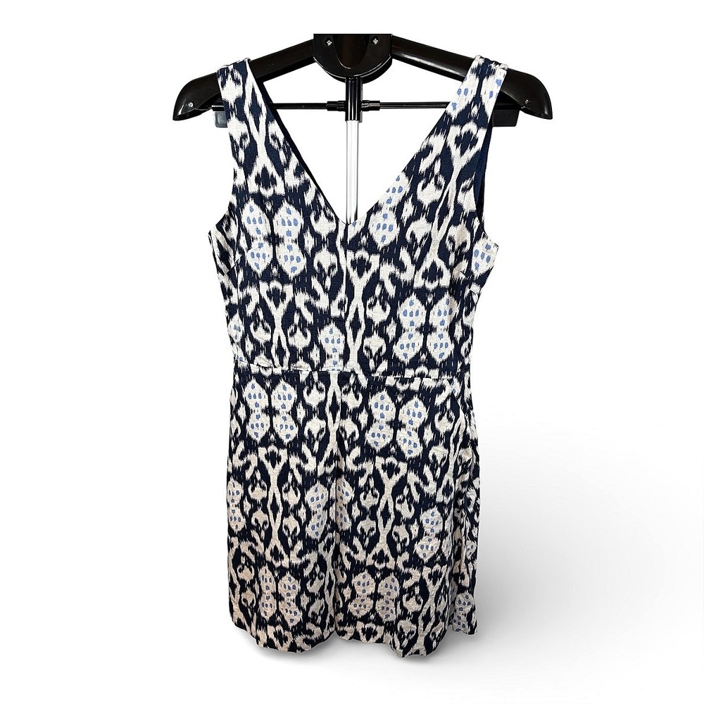 Gap Womens Navy Blue White Ikat Print‎ 100% Linen V-Neck Sleeveless Mini Dress 6
